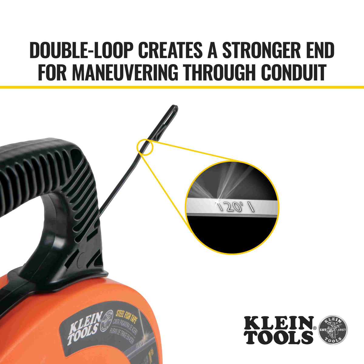 Graphic showing the double-loop steel tip and an inset magnifying glass revealing the laser-etched 120 foot marking on the tape surface.