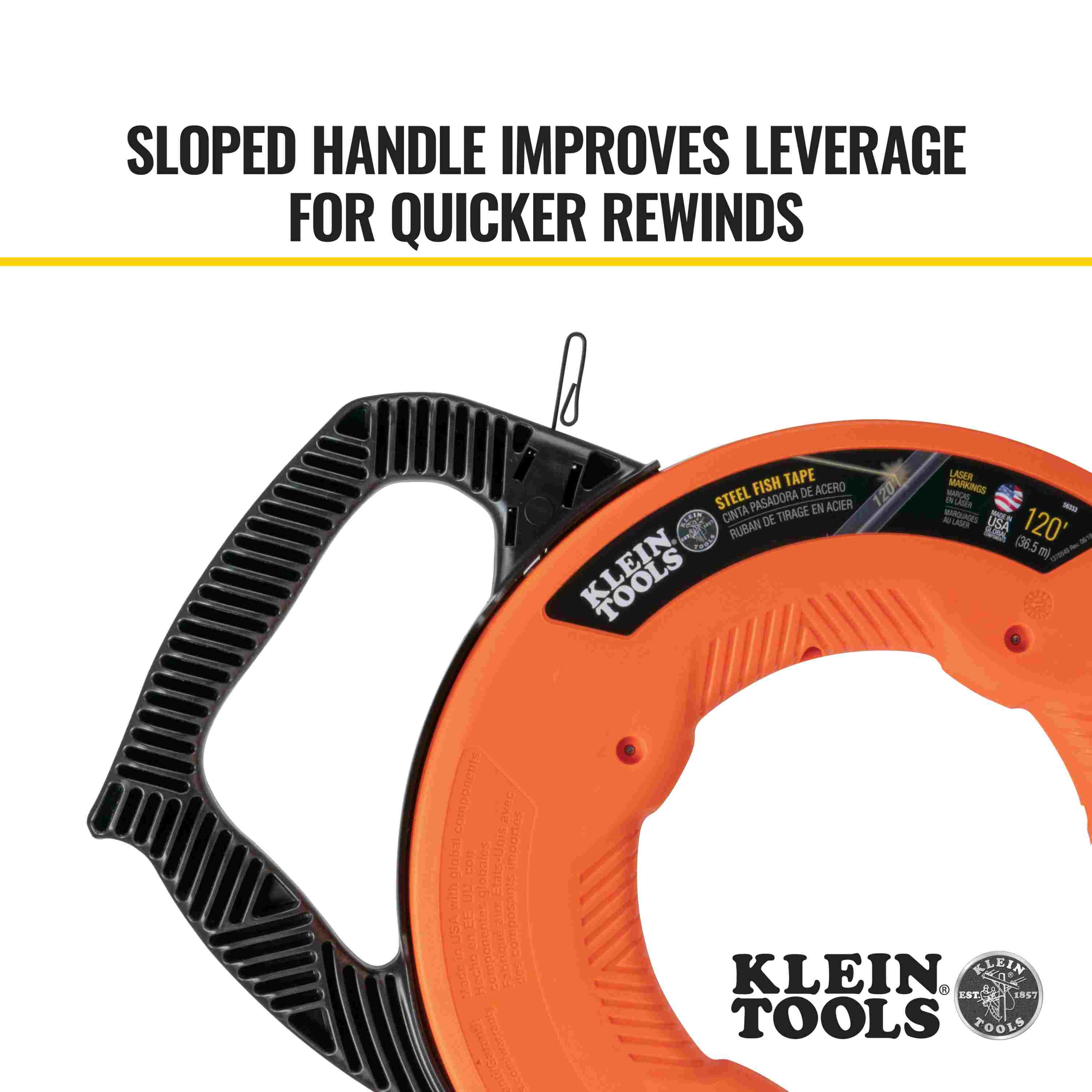 Detailed view of the black sloped handle and upper casing designed to improve leverage for quicker rewinds.
