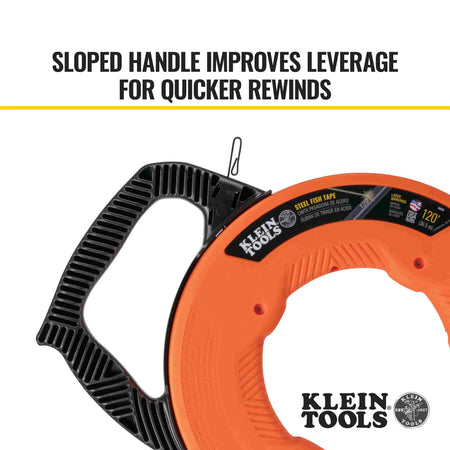 Detailed view of the black sloped handle and upper casing designed to improve leverage for quicker rewinds.