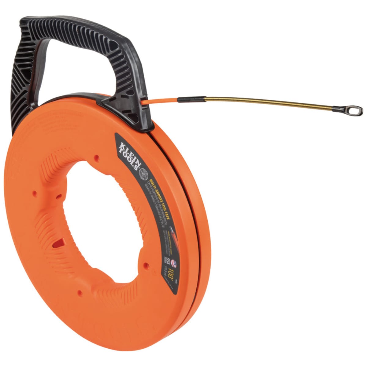 A 100-foot Klein Tools multi-groove fiberglass fish tape in a high-visibility orange impact-resistant case featuring a black ergonomic handle and a durable spiral steel leader for navigating conduit.