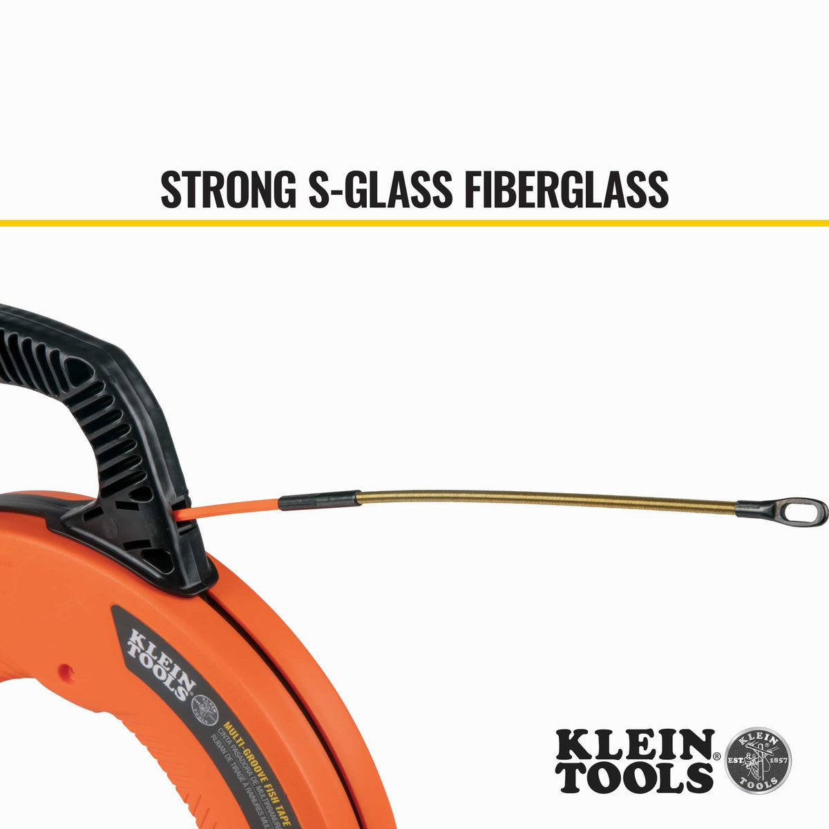 Detailed view of the strong S-glass fiberglass tape and spiral steel leader, showcasing the multi-groove geometry that reduces surface friction for easier feeding through crowded electrical conduit.