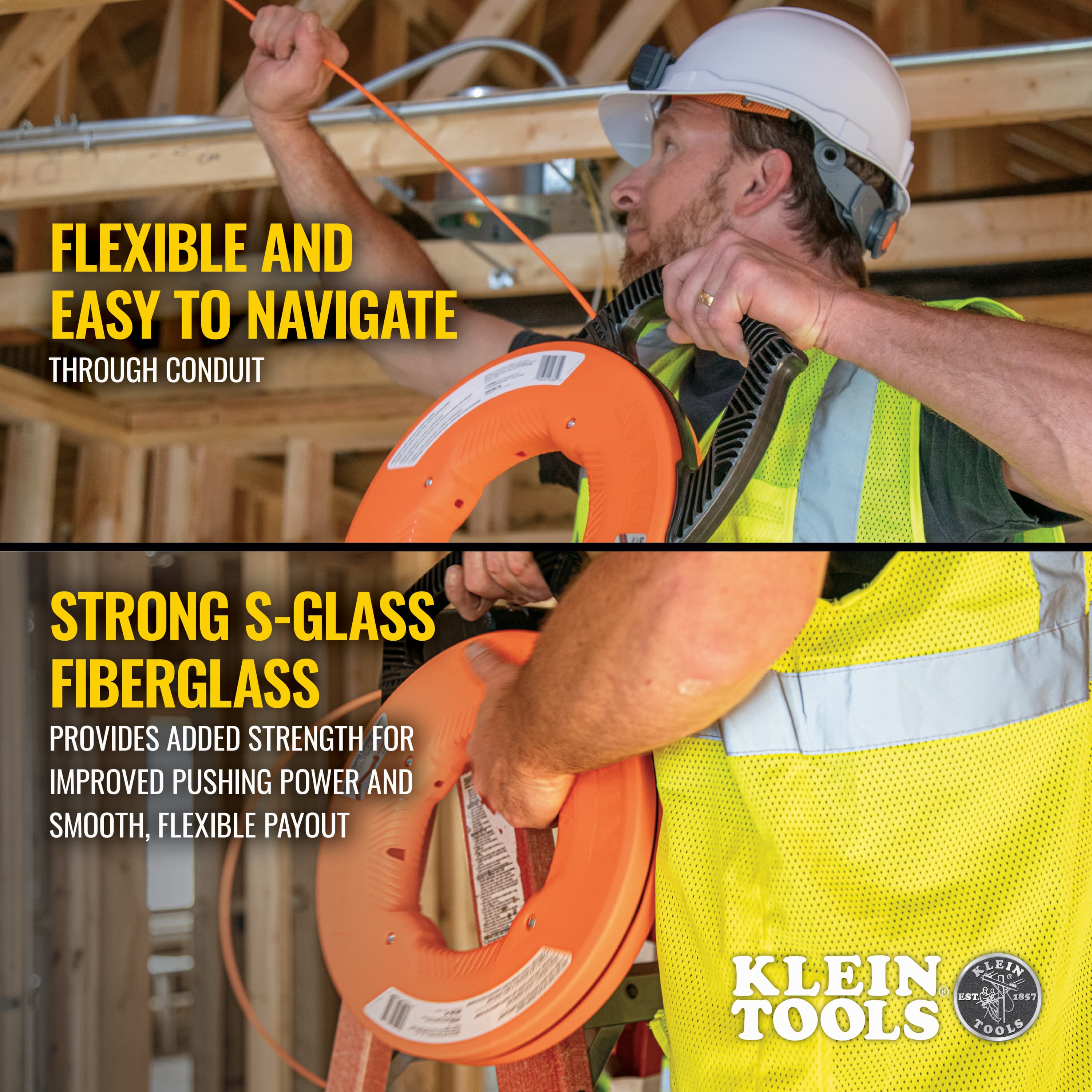 Action shots demonstrating a professional electrician using the Klein Tools 56380 fish tape on a jobsite, illustrating the flexible S-glass fiberglass core's superior pushing power and ease of navigation through residential framing.