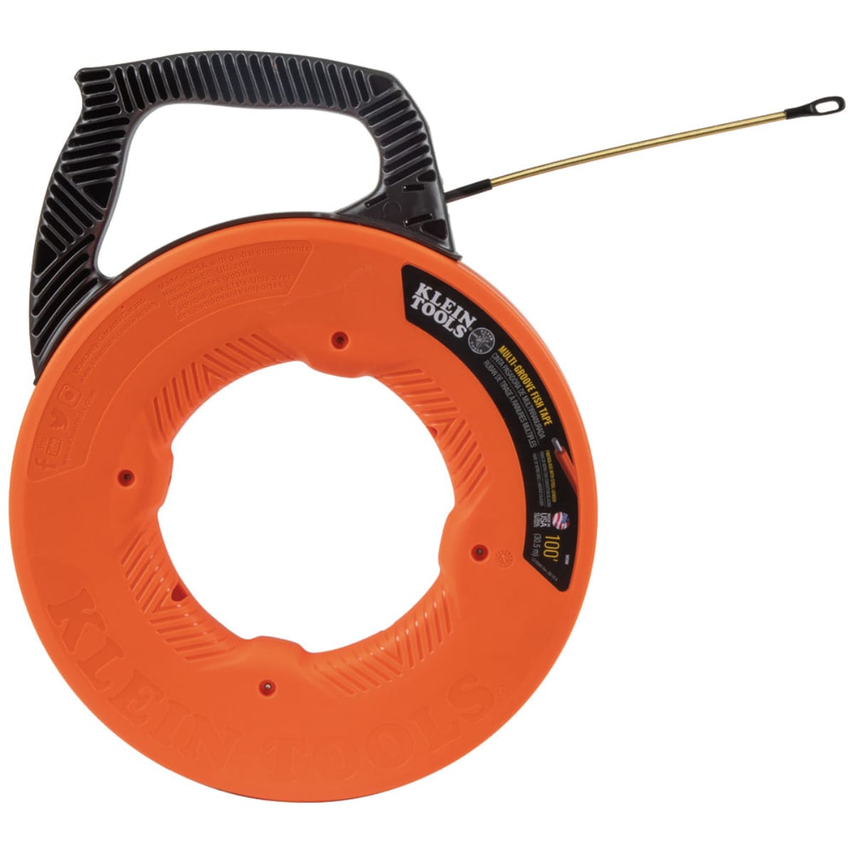 Full profile view of the Klein Tools 100-foot multi-groove fiberglass fish tape, showcasing the rugged polypropylene housing and the spiral steel leader designed for long-lasting jobsite performance.
