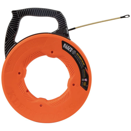 Full profile view of the Klein Tools 100-foot multi-groove fiberglass fish tape, showcasing the rugged polypropylene housing and the spiral steel leader designed for long-lasting jobsite performance.