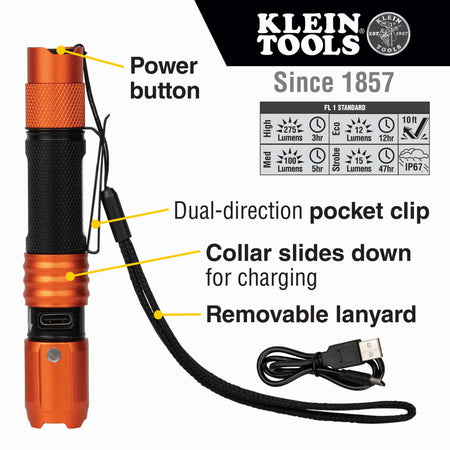 An infographic highlighting the key features of the LED pocket light, including the power button, dual-direction pocket clip, sliding collar for USB-C charging, and a detailed runtime chart for High, Medium, Eco, and Strobe modes.