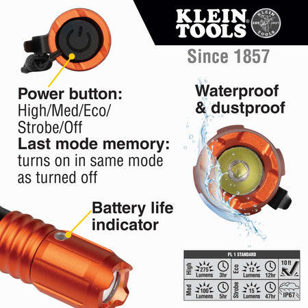 Detailed technical view of the waterproof and dustproof flashlight, emphasizing the last mode memory feature, the battery life indicator light, and its IP67 rating for superior jobsite durability.
