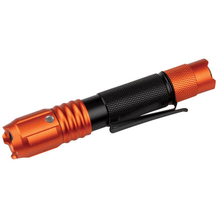 A profile view of the rugged pocket light showcasing the dual-direction stainless steel clip, designed to secure the tool inside a pocket or attach it to a hat brim for hands-free headlamp use.