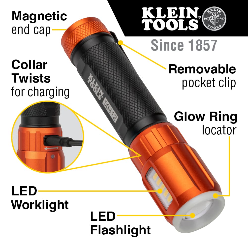 Infographic of the Klein Tools 56412 flashlight detailing its magnetic end cap, twist collar for USB-C charging, removable pocket clip, side-barrel LED work light, front LED flashlight, and glow ring locator.