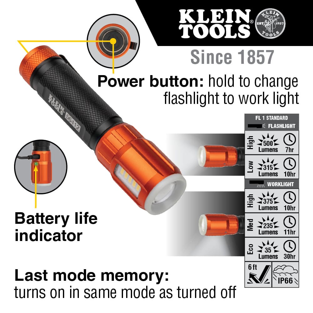 Specifications graphic for the Klein 56412 rechargeable LED flashlight illustrating the power button, battery life indicator, last mode memory, IP66 waterproof rating, 6-foot drop safe design, and lumen output modes.