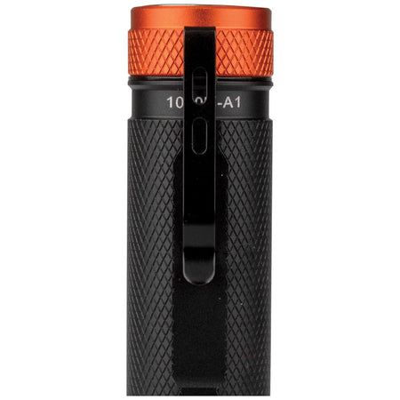 Detailed view of the heavy-duty black removable pocket clip attached to the textured aluminum handle of the Klein Tools 56412 rechargeable work light.