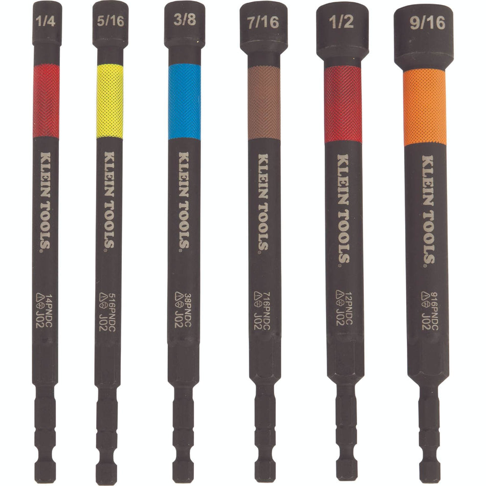 A studio shot of the 6-piece nut setter set arranged by size, showing the color-coded bands in red, yellow, blue, brown, red, and yellow on the 5-inch long steel shafts.