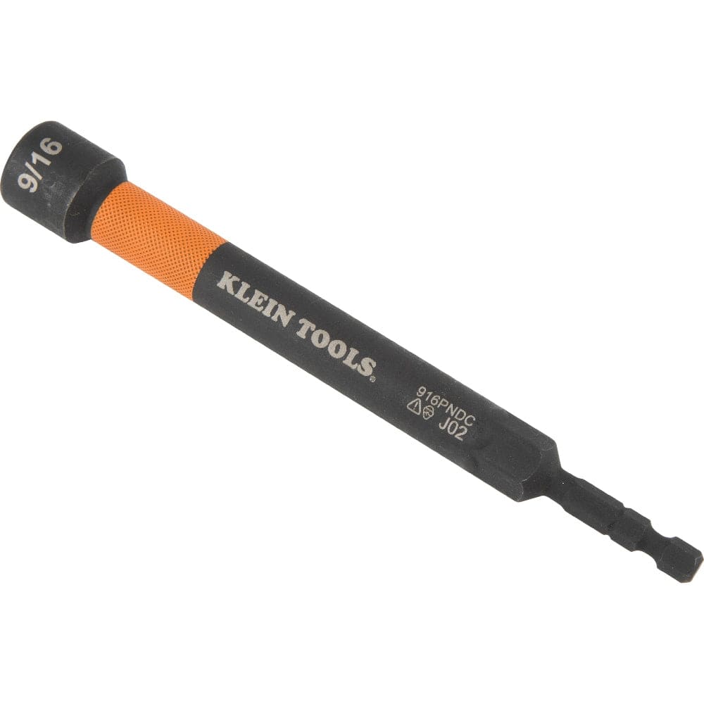 A studio shot of the single 9/16 inch nut setter, showing the black shaft, orange color band, and hex shank.