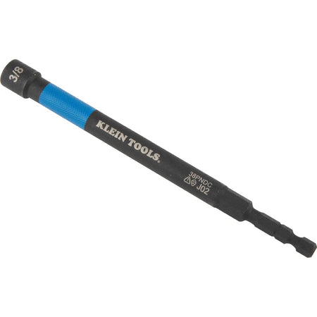 A studio shot of the single 3/8 inch nut setter, featuring the black shaft, blue color band, and hex shank.