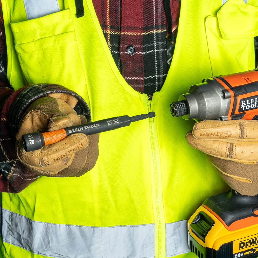 A side-by-side comparison showing the 5-inch Klein nut setter reaching past an obstruction compared to a standard shorter driver that cannot reach the fastener.