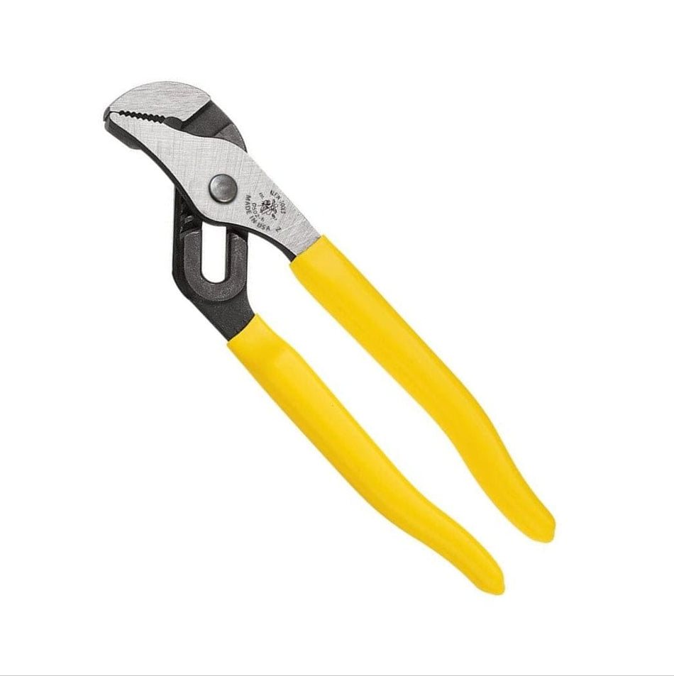 Studio view of the Klein Tools 6.5 inch pump pliers featuring yellow plastic-dipped handles and a silver steel head with a tongue and groove design.
