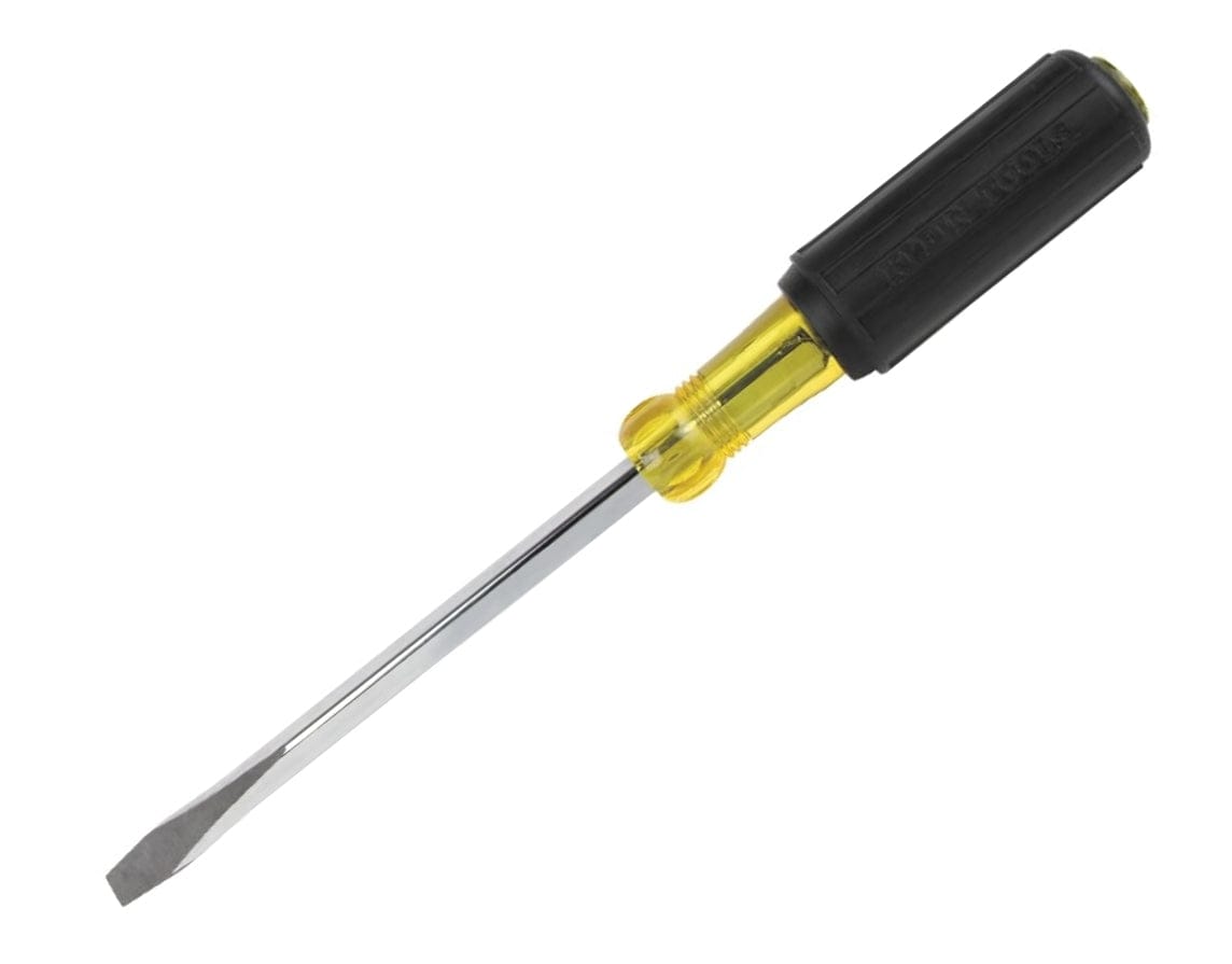 Studio view of the Klein Tools keystone screwdriver featuring a black cushion-grip handle and a 6-inch square steel shank.