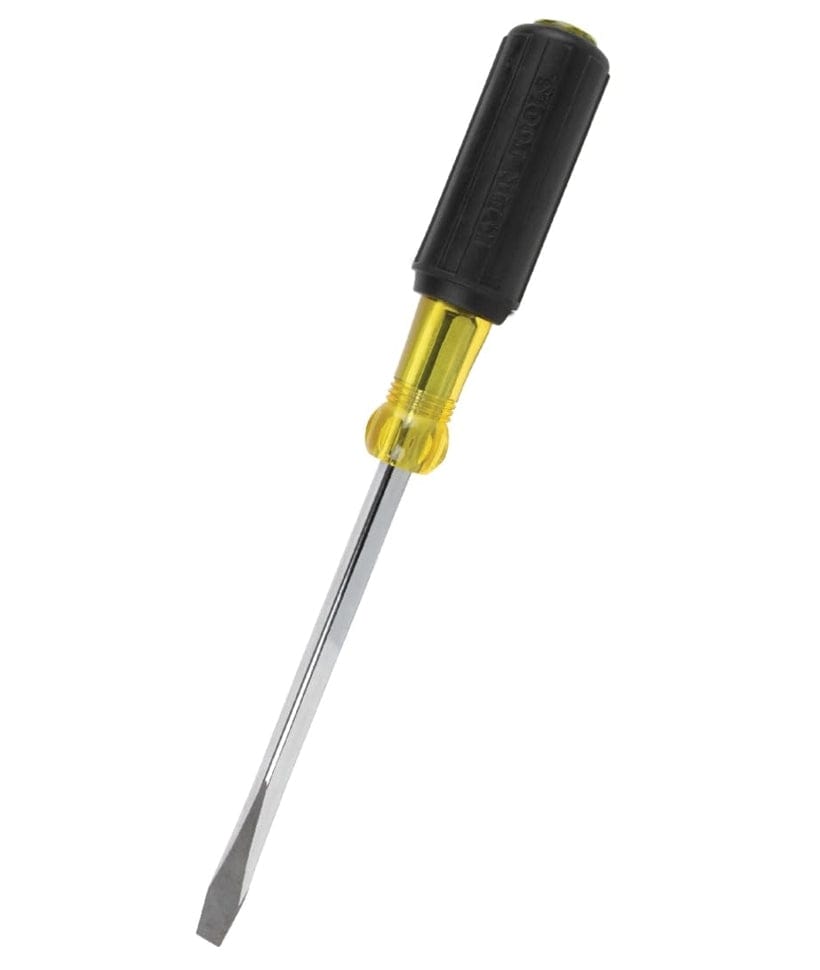 Angled perspective of the screwdriver showing the full length of the square shank extending from the black and yellow handle.