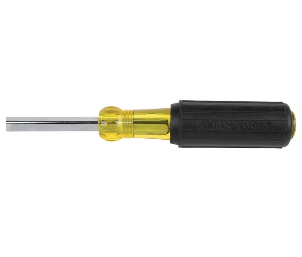 Close-up side profile of the handle showing the ribbed cushion grip and the connection point between the yellow flange and black rubber.