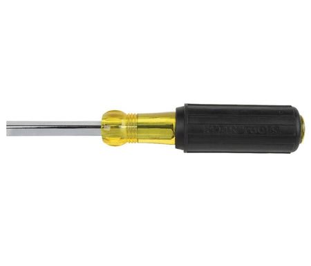 Close-up side profile of the handle showing the ribbed cushion grip and the connection point between the yellow flange and black rubber.