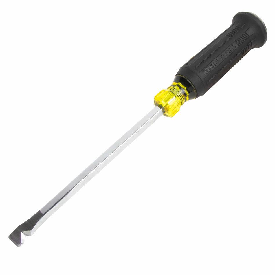 Full view of the Klein Tools 60012DD duct slitter demolition driver featuring a 6-inch square shank, a specialized slitting tip, and a black and yellow cushion-grip handle.