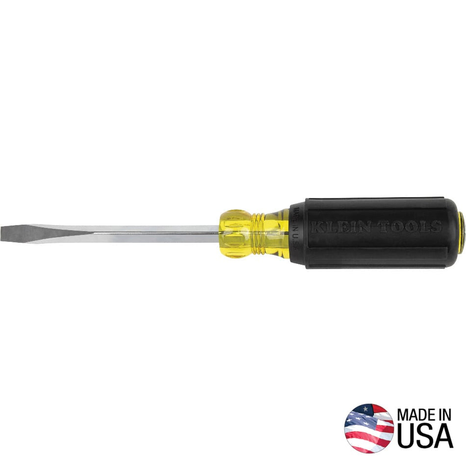 Klein Tools 1/4 Inch Slotted Keystone Tip Screwdriver 4 Inch Square Shank For Wrench Assist Cushion Grip Heavy Duty Cabinet Work Made In USA 600-4