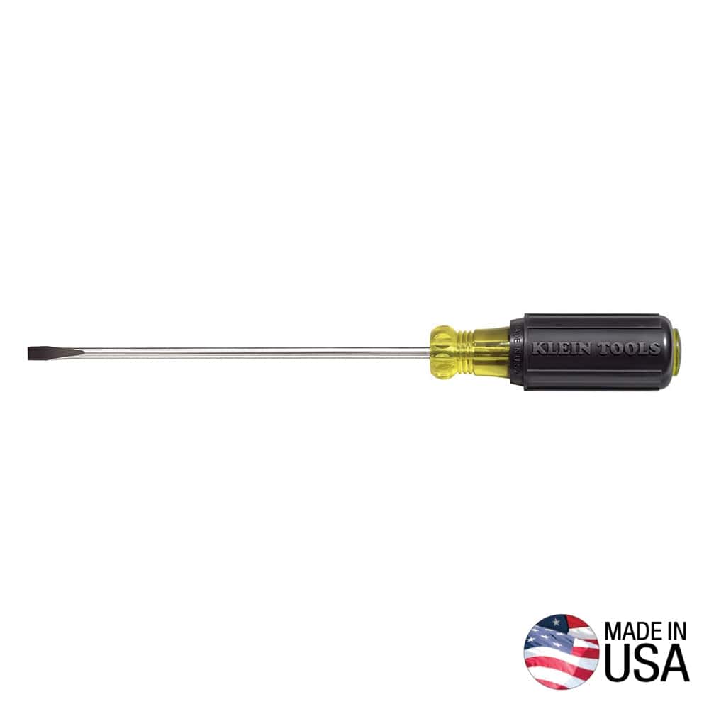 A studio product shot of the Klein Tools 601-6 3/16-inch cabinet tip screwdriver displayed horizontally, showcasing the 6-inch heat-treated shank and the iconic black Cushion-Grip handle with a Made in USA emblem.