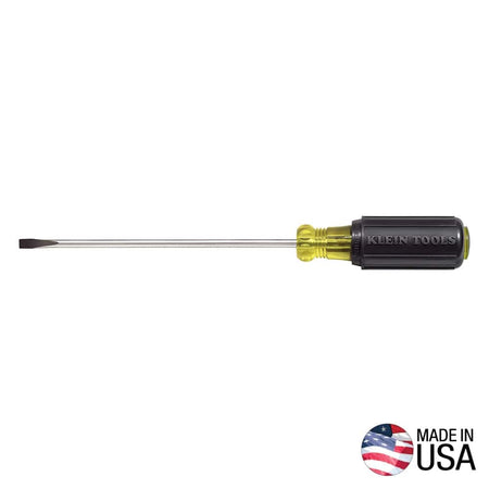 A studio product shot of the Klein Tools 601-6 3/16-inch cabinet tip screwdriver displayed horizontally, showcasing the 6-inch heat-treated shank and the iconic black Cushion-Grip handle with a Made in USA emblem.