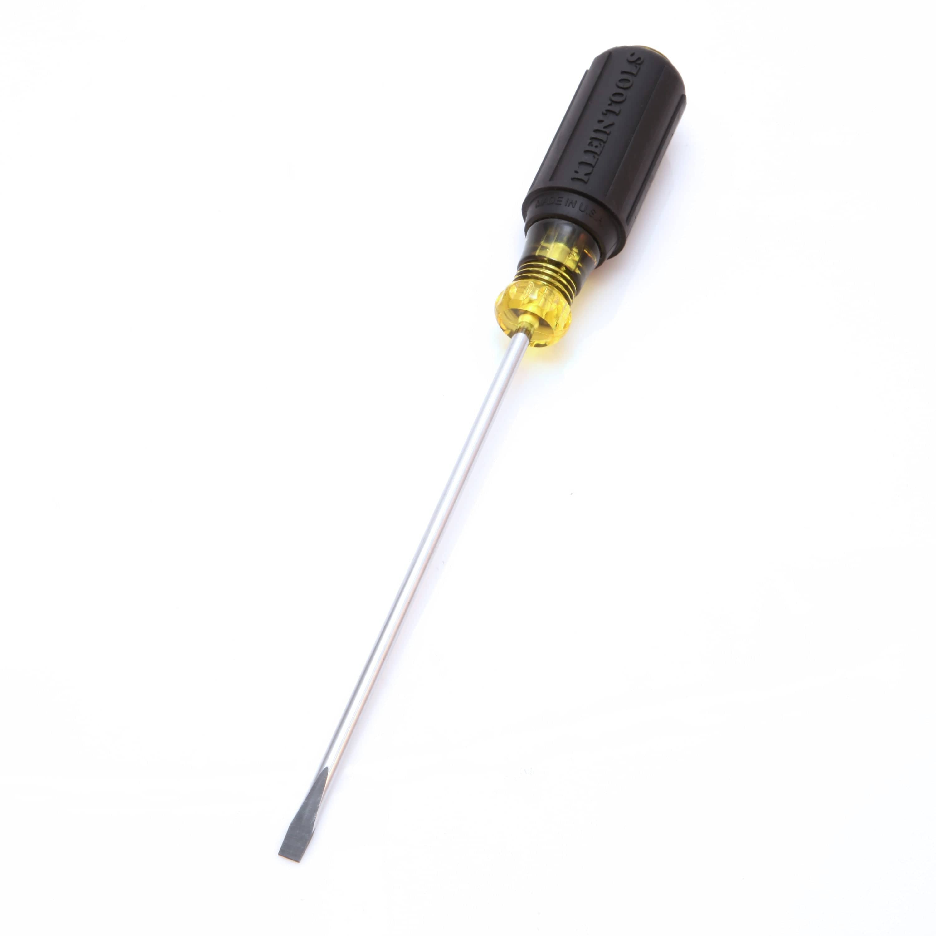 A high-resolution product shot of the Klein Tools 601-6 3/16-inch cabinet tip screwdriver featuring a 6-inch chrome-plated round shank and a black Cushion-Grip handle for professional electrical and cabinetry work.