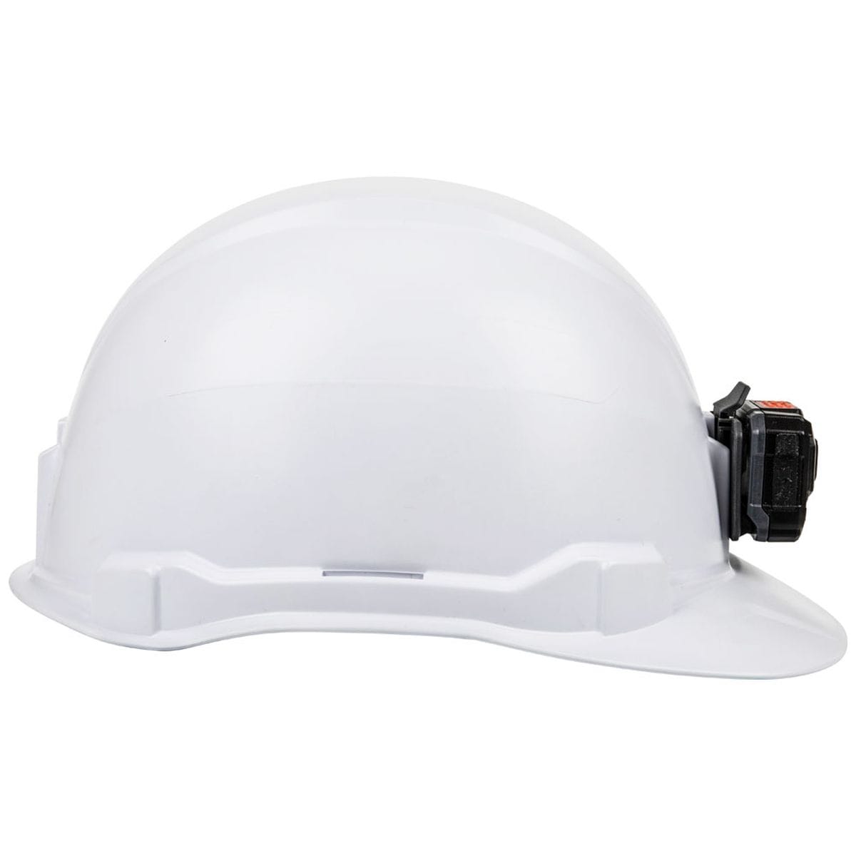 A profile view from the right side of the Klein Tools non-vented hard hat, highlighting the Type 1, Class E electrical protection rating and the durable construction of the professional-grade safety helmet.