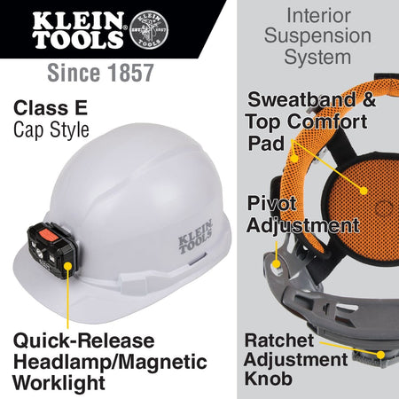 An infographic for the Klein Tools Class E cap-style hard hat detailing the interior suspension system, which includes a machine-washable sweatband and top comfort pad, pivot adjustment, and a large ratchet adjustment knob for a custom fit.