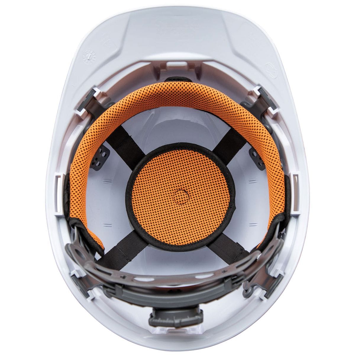 An underside view of the Klein 60107RL hard hat interior, highlighting the 4-point suspension system with its orange, padded, sweat-wicking lining and the integrated ratchet adjustment mechanism at the rear.