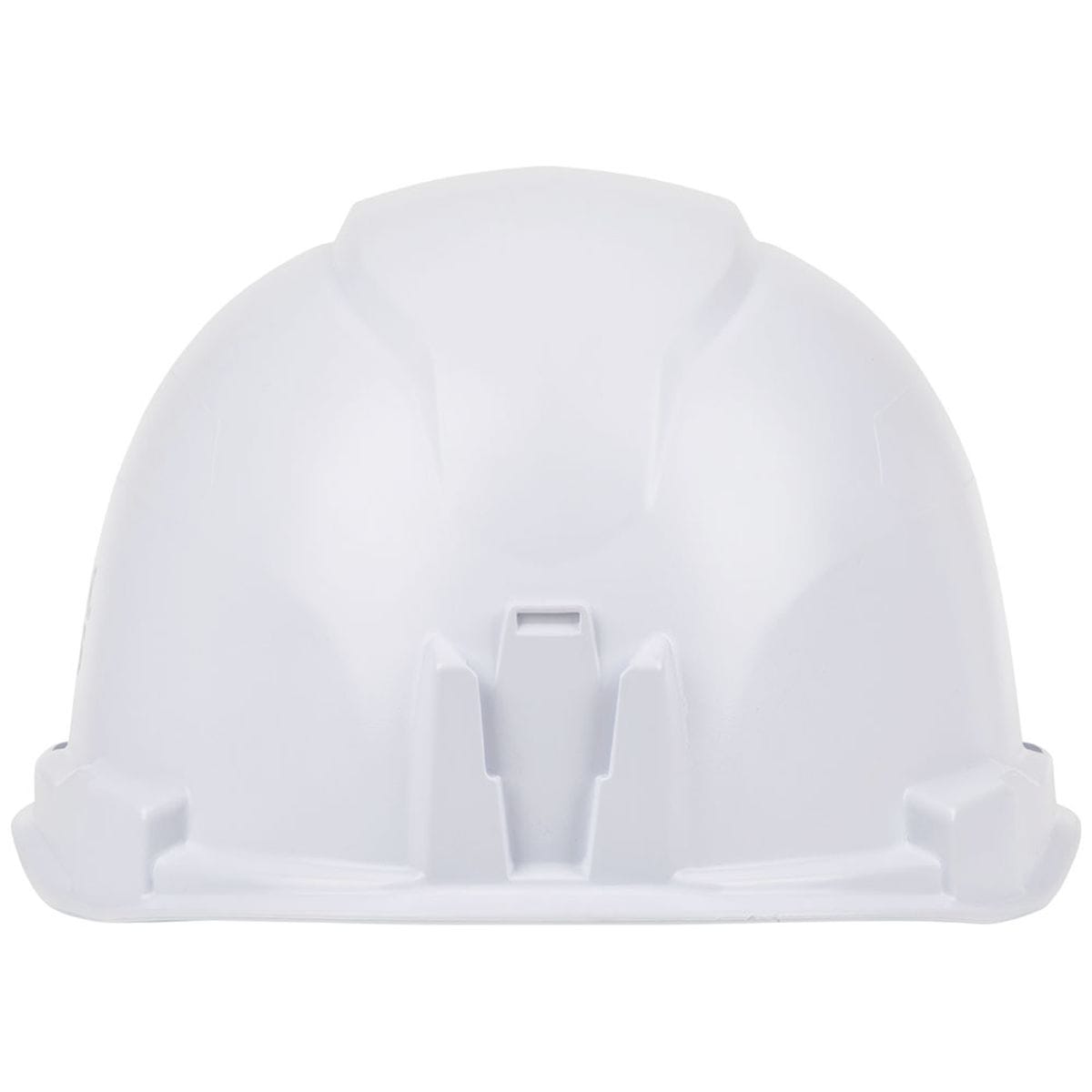 A rear-facing view of the Klein Tools white cap-style hard hat, showing the sleek, non-vented PC/ABS shell design and the universal accessory slots located on the sides for hearing protection or face shields.