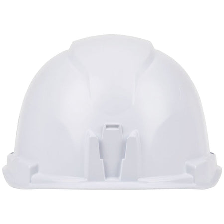 A rear-facing view of the Klein Tools white cap-style hard hat, showing the sleek, non-vented PC/ABS shell design and the universal accessory slots located on the sides for hearing protection or face shields.