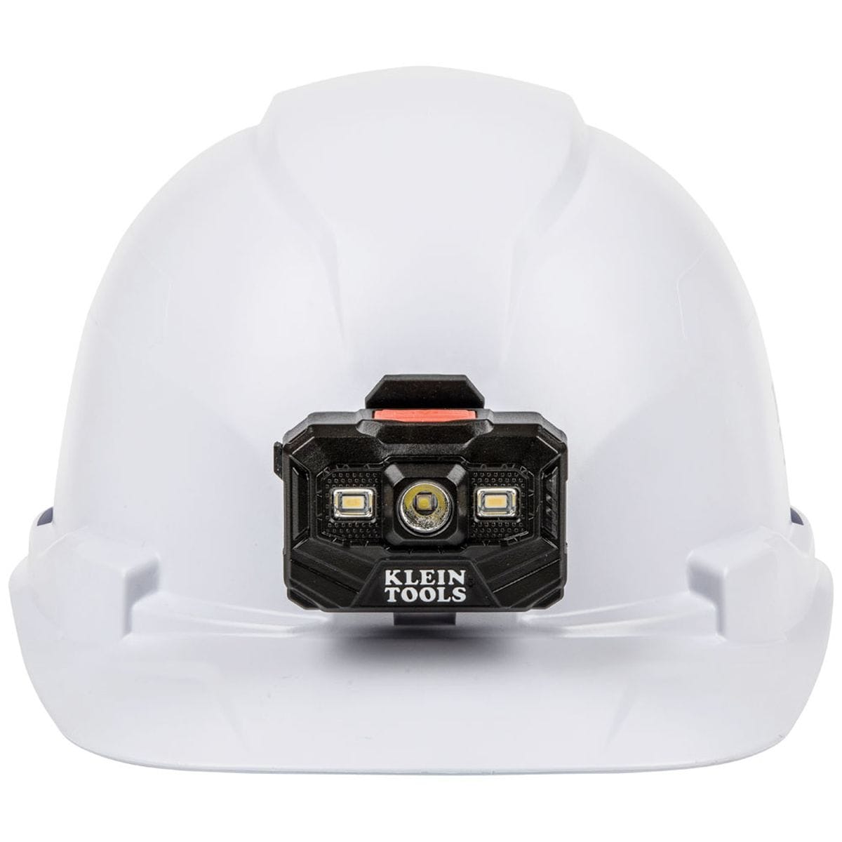 A front-facing view of the Klein Tools safety helmet, emphasizing the centered 300-lumen rechargeable LED headlamp and the protective cap-style brim designed for industrial and construction safety.