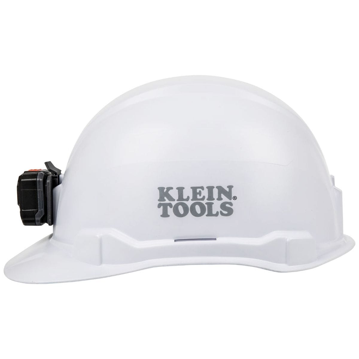 A profile view from the left side of the Klein 60107RL, displaying the high-visibility white finish, the grey Klein Tools branding, and the secure-fit mounting system for professional work lights.