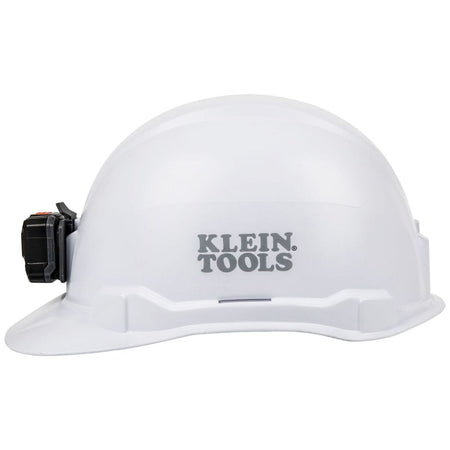 A profile view from the left side of the Klein 60107RL, displaying the high-visibility white finish, the grey Klein Tools branding, and the secure-fit mounting system for professional work lights.