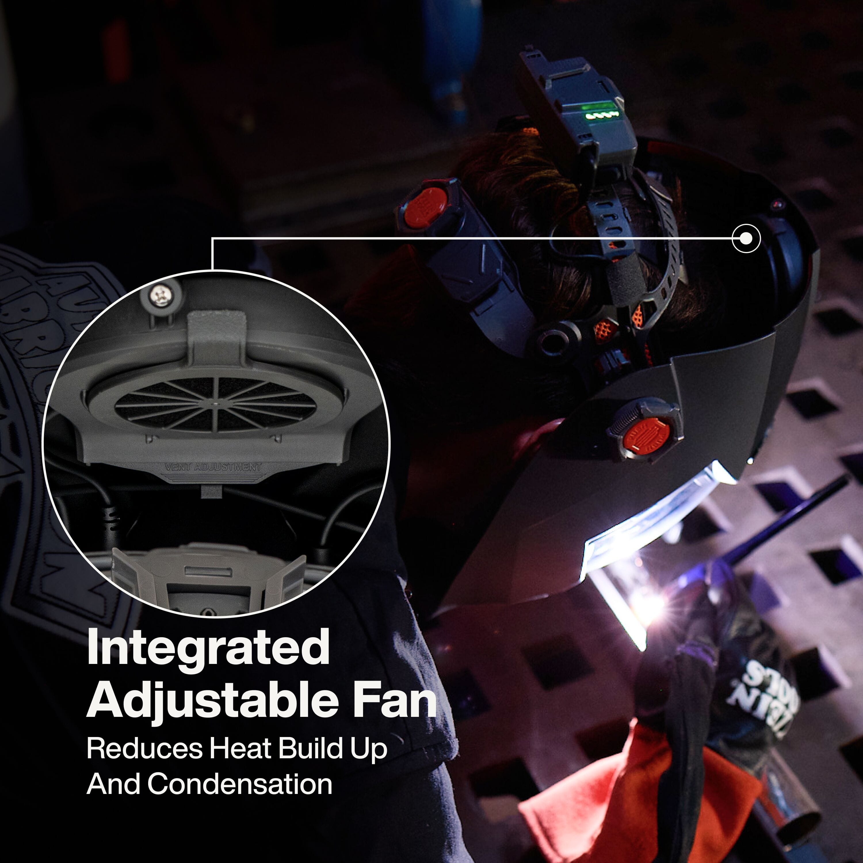 A technical marketing infographic of the Phoenix Series welding helmet. Callouts highlight the integrated cooling fan for airflow, the large center auto-darkening filter with True Color technology, peripheral fixed-shade side windows, and large external control buttons for easy operation with gloves.