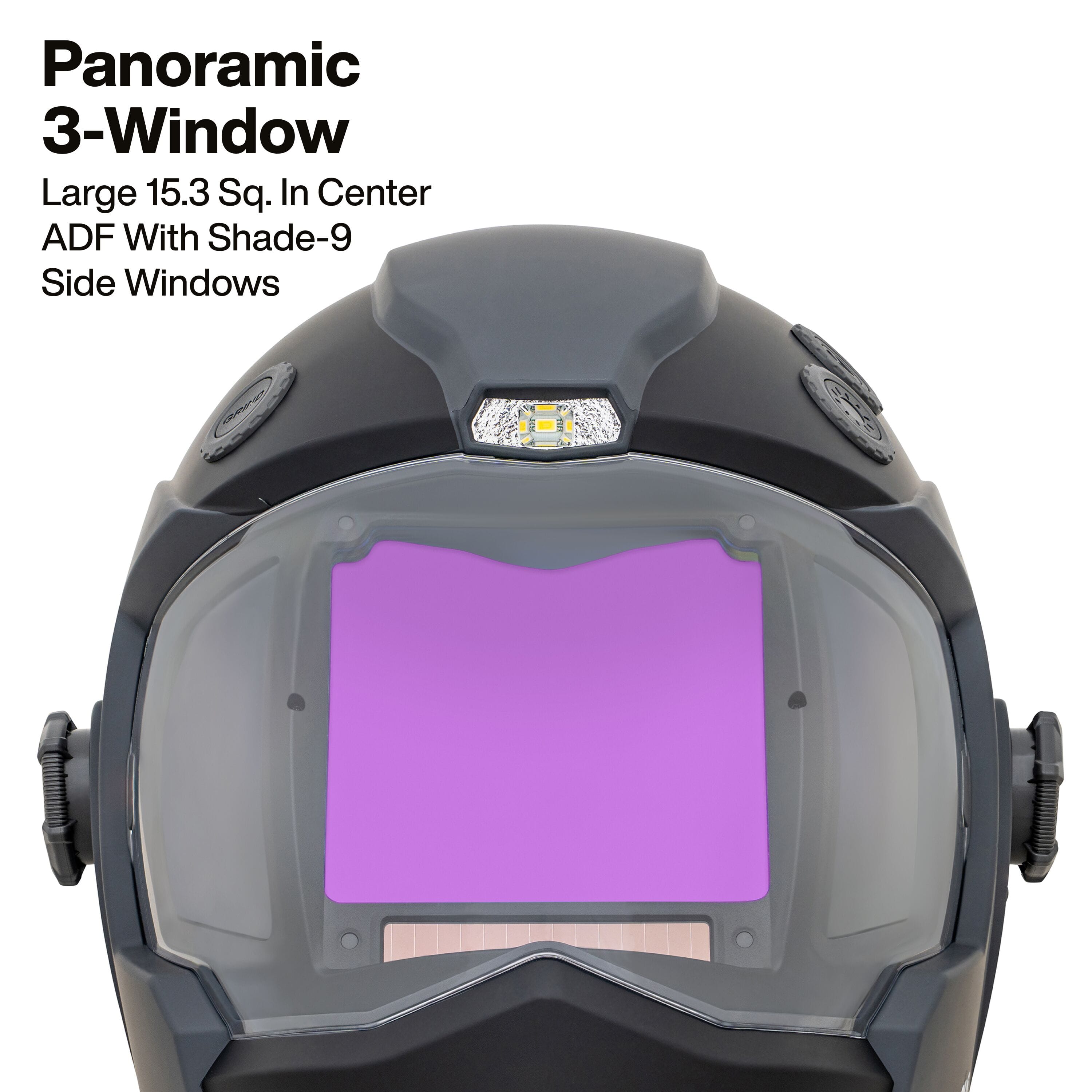 A side profile view of the Klein Tools panoramic welding helmet. The image showcases the sleek aerodynamic design, the external adjustment knobs, and the side-view windows that provide a 180-degree field of vision for safer jobsite navigation.