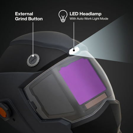 A close-up view looking through the front of the welding helmet lens. This shot emphasizes the True Color center auto-darkening filter (ADF) and the two side windows, providing a comprehensive field of view for precision welding.
