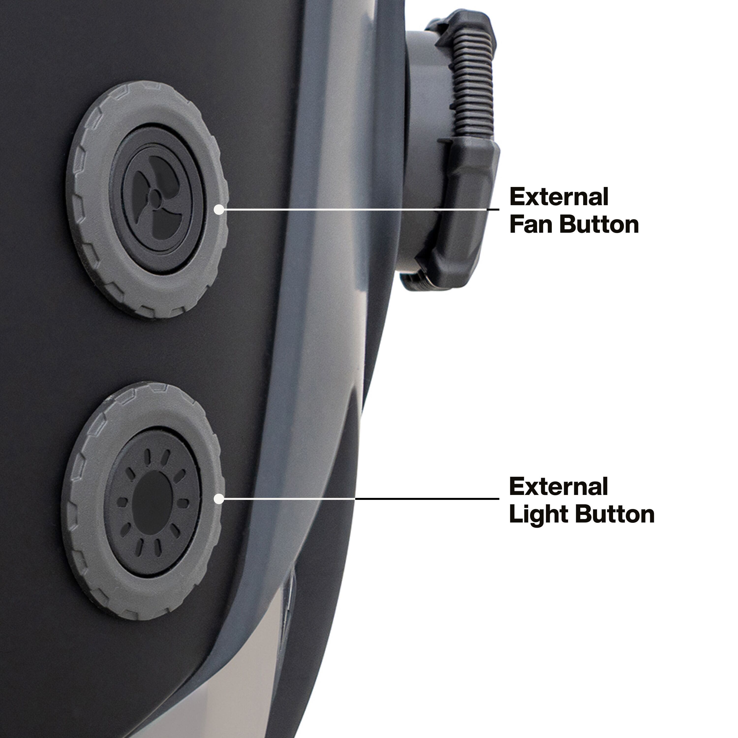 A detailed product graphic showing the external control interface of the welding helmet. Large, tactile buttons are shown on the side of the shell, allowing the user to toggle the cooling fan, LED headlamp, and grind mode settings without removing the helmet.