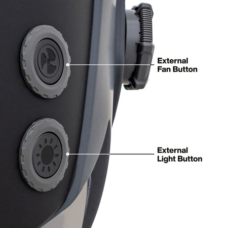 A detailed product graphic showing the external control interface of the welding helmet. Large, tactile buttons are shown on the side of the shell, allowing the user to toggle the cooling fan, LED headlamp, and grind mode settings without removing the helmet.