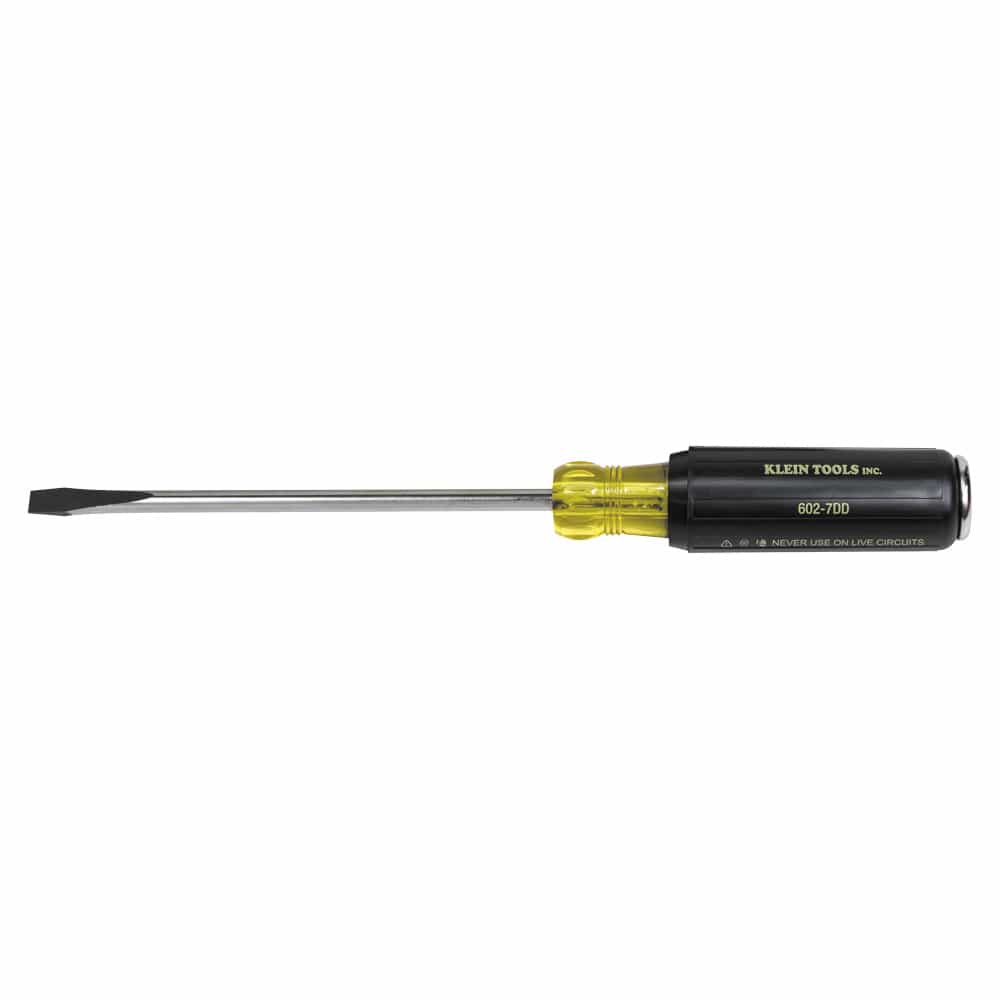 Profile studio view of the Klein Tools 602-7DD heavy duty keystone demolition screwdriver showing its 7 inch round steel shank, yellow translucent plastic bolster, black handle with printed model name, and integrated metal strike cap against a plain white background.