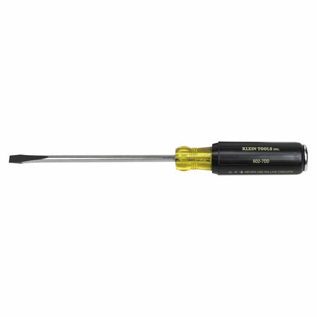 Profile studio view of the Klein Tools 602-7DD heavy duty keystone demolition screwdriver showing its 7 inch round steel shank, yellow translucent plastic bolster, black handle with printed model name, and integrated metal strike cap against a plain white background.