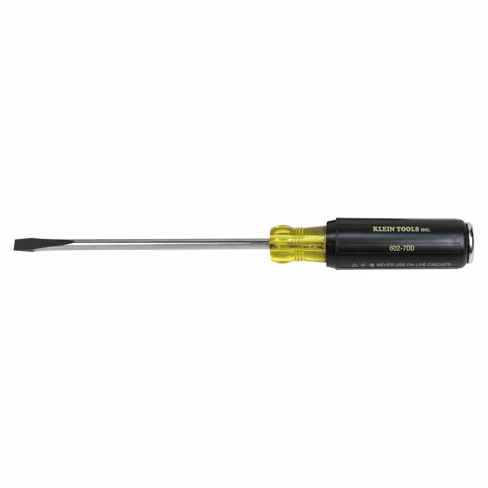 Profile studio view of the Klein Tools 602-7DD heavy duty keystone demolition screwdriver showing its 7 inch round steel shank, yellow translucent plastic bolster, black handle with printed model name, and integrated metal strike cap against a plain white background.