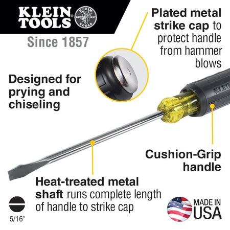 Infographic advertisement for the Klein Tools 602-7DD 5/16 inch demolition screwdriver detailing product features including the plated metal strike cap, cushion-grip handle, and a full-length heat-treated metal shaft alongside a Made in USA logo.