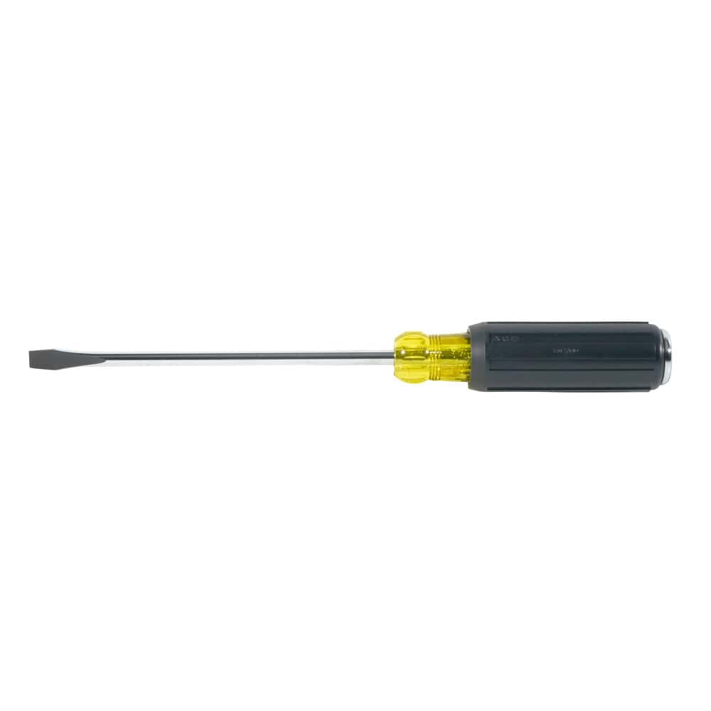 Full side view of the Klein Tools 602-7DD slotted demolition screwdriver isolated on a clean white background illustrating its balanced hand tool proportions, round steel shank, and industrial strike cap.