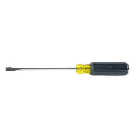 Full side view of the Klein Tools 602-7DD slotted demolition screwdriver isolated on a clean white background illustrating its balanced hand tool proportions, round steel shank, and industrial strike cap.