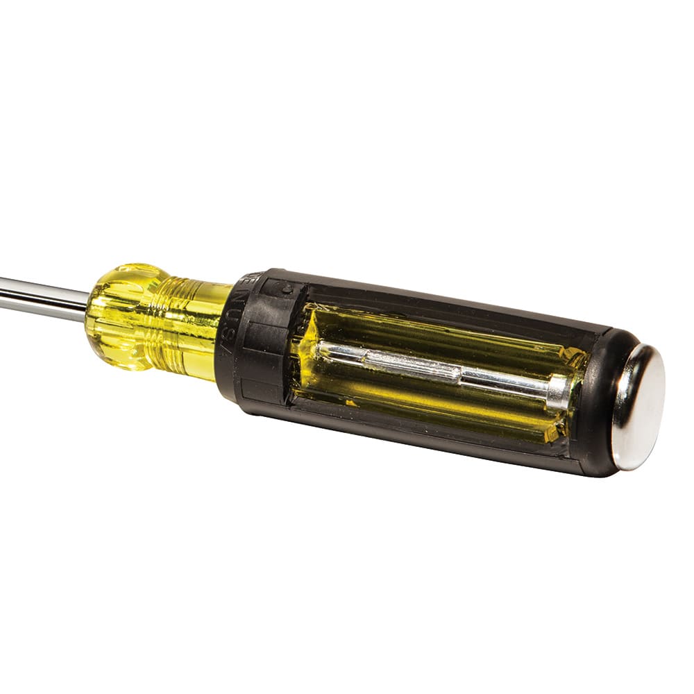 Close up perspective of a cutaway handle design highlighting the solid internal engineering of the Klein Tools demolition screwdriver where the heavy duty steel shaft extends continuously through the grip to weld into the back strike cap.