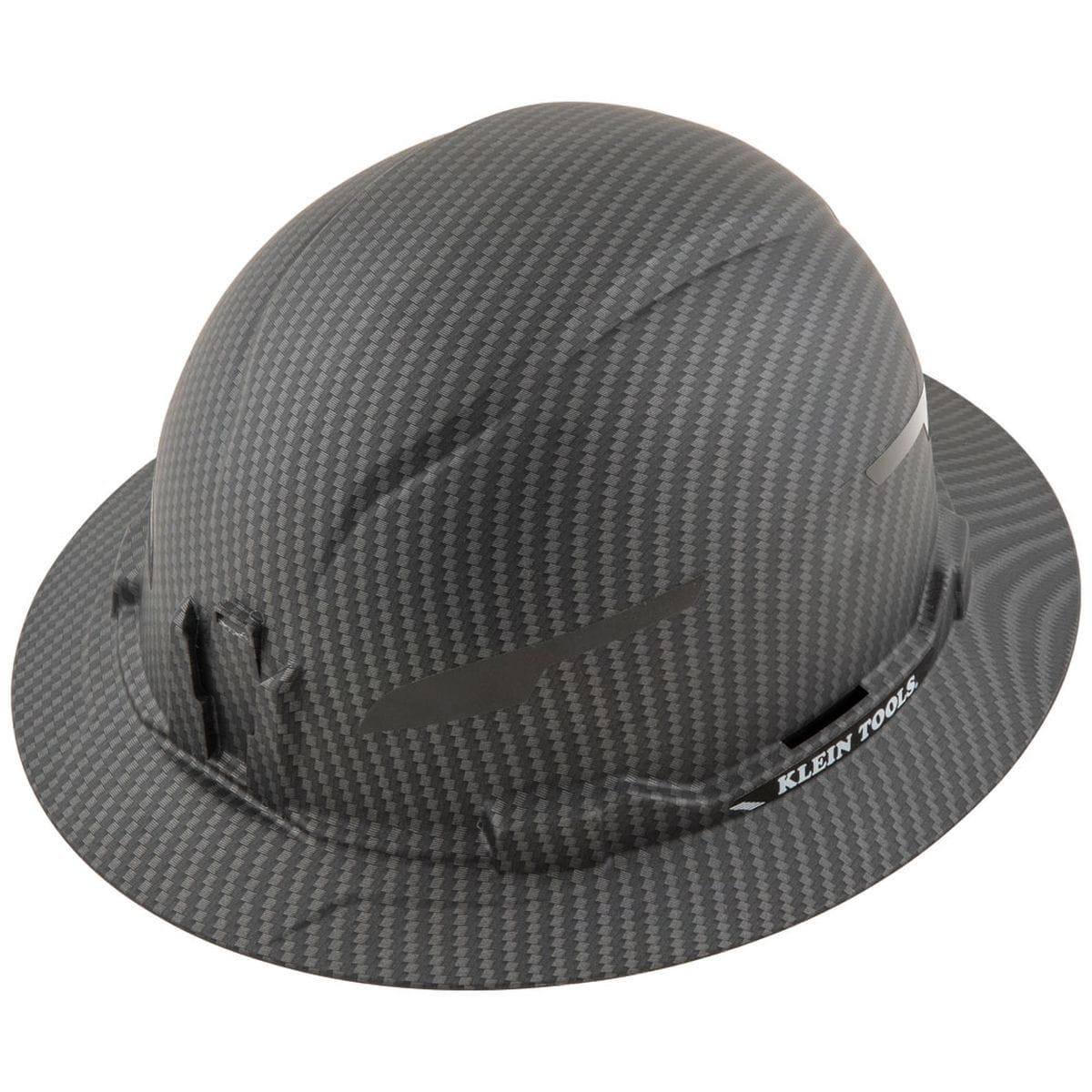 A perspective view of the Klein Tools 60345 premium KARBN™ pattern non-vented full brim hard hat, showcasing the modern hydro-dipped polymer film design and rugged PC/ABS composite shell for professional construction safety.