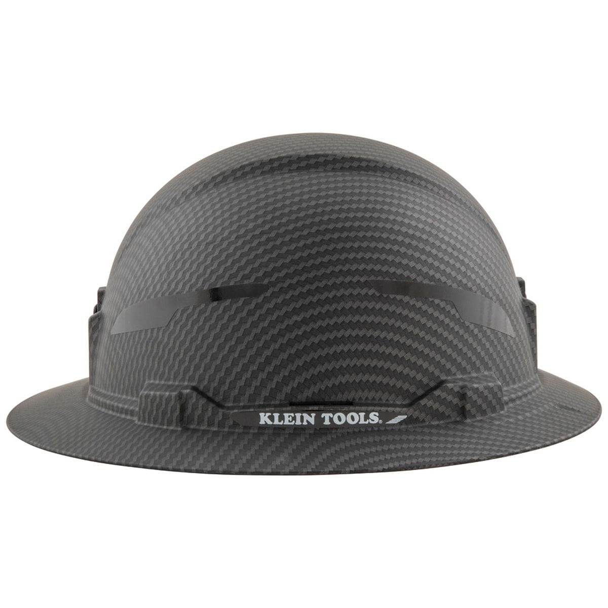 A front-facing view of the Klein Tools 60345 premium KARBN pattern non-vented full brim hard hat, showcasing the modern hydro-dipped polymer film design and rugged PC/ABS composite shell for professional construction and electrical safety.